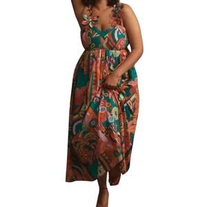Farm Rio Anthropologie Pleated Palm Midi Dress New w/ Tags SOO plus size pockets